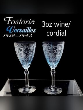 2 Vintage Fostoria Versailles Etched Crystal Wine Glasses -3oz Wine/ Sherry